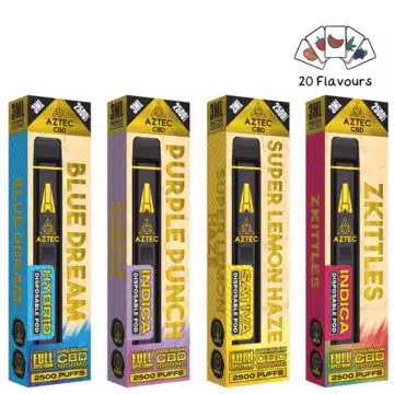 Aztec Premium Full Spectrum CBD Disposable Vape Pen 20 Flavours 1800mg 3ml 2500 puffs - Shop Front