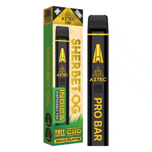 Aztec Premium Full Spectrum CBD Disposable Vape Pen Pro Bar 1800mg 3ml 2500 puffs - Indica Sherbet OG