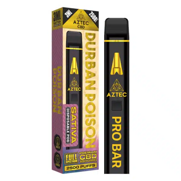 Aztec Premium Full Spectrum CBD Disposable Vape Pen Pro Bar 1800mg 3ml 2500 puffs - Sativa Durban Poison