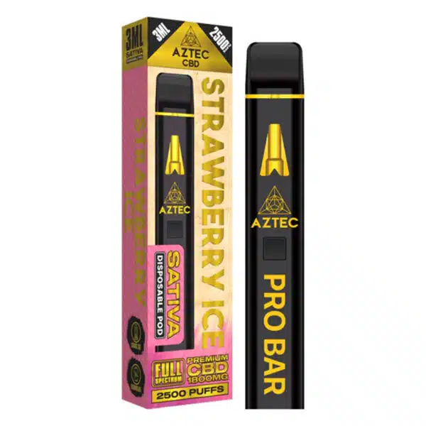 Aztec Premium Full Spectrum CBD Disposable Vape Pen Pro Bar 1800mg 3ml 2500 puffs - Sativa Strawberry Ice